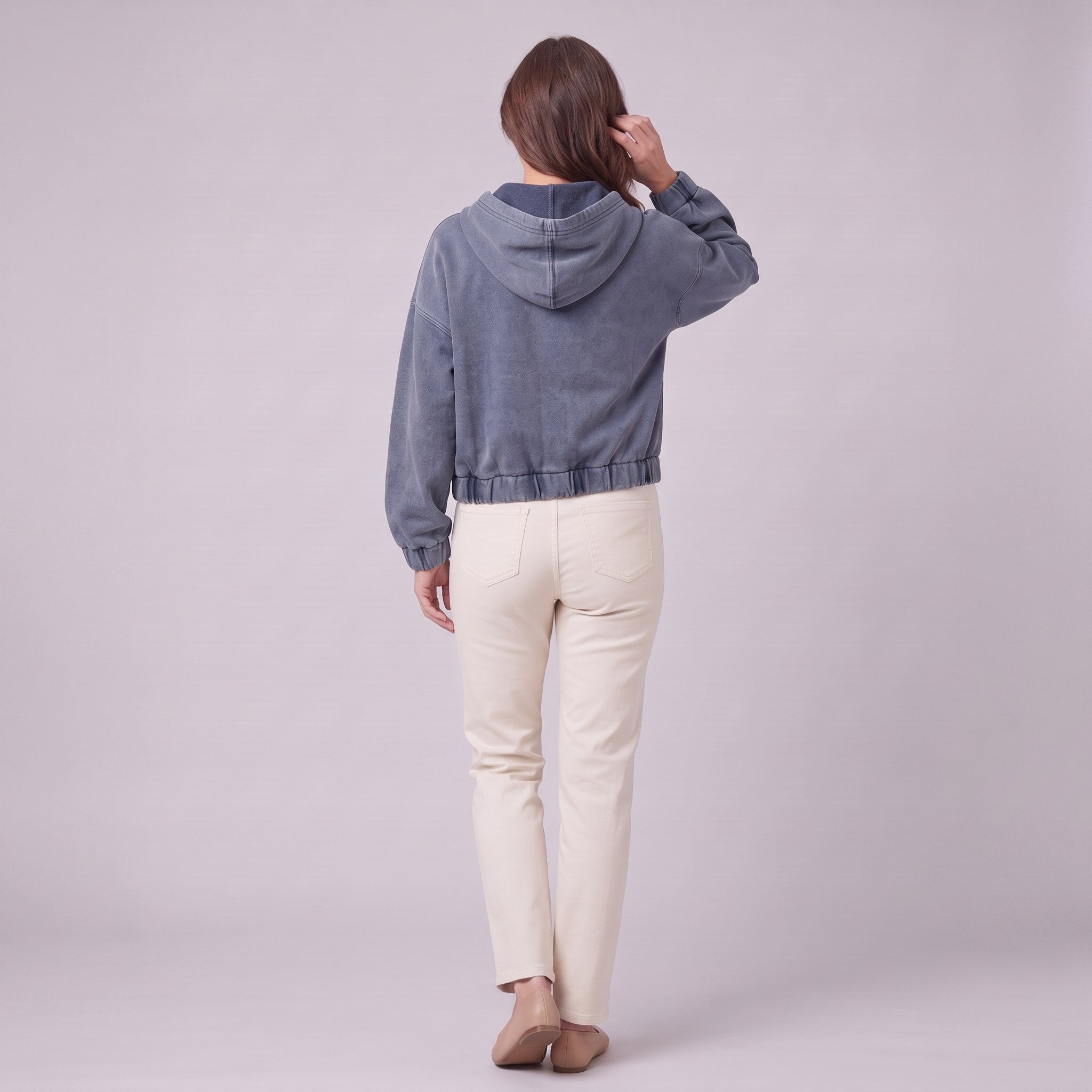 Zosia cropped denim hoodie in slate blue, back view showing hood