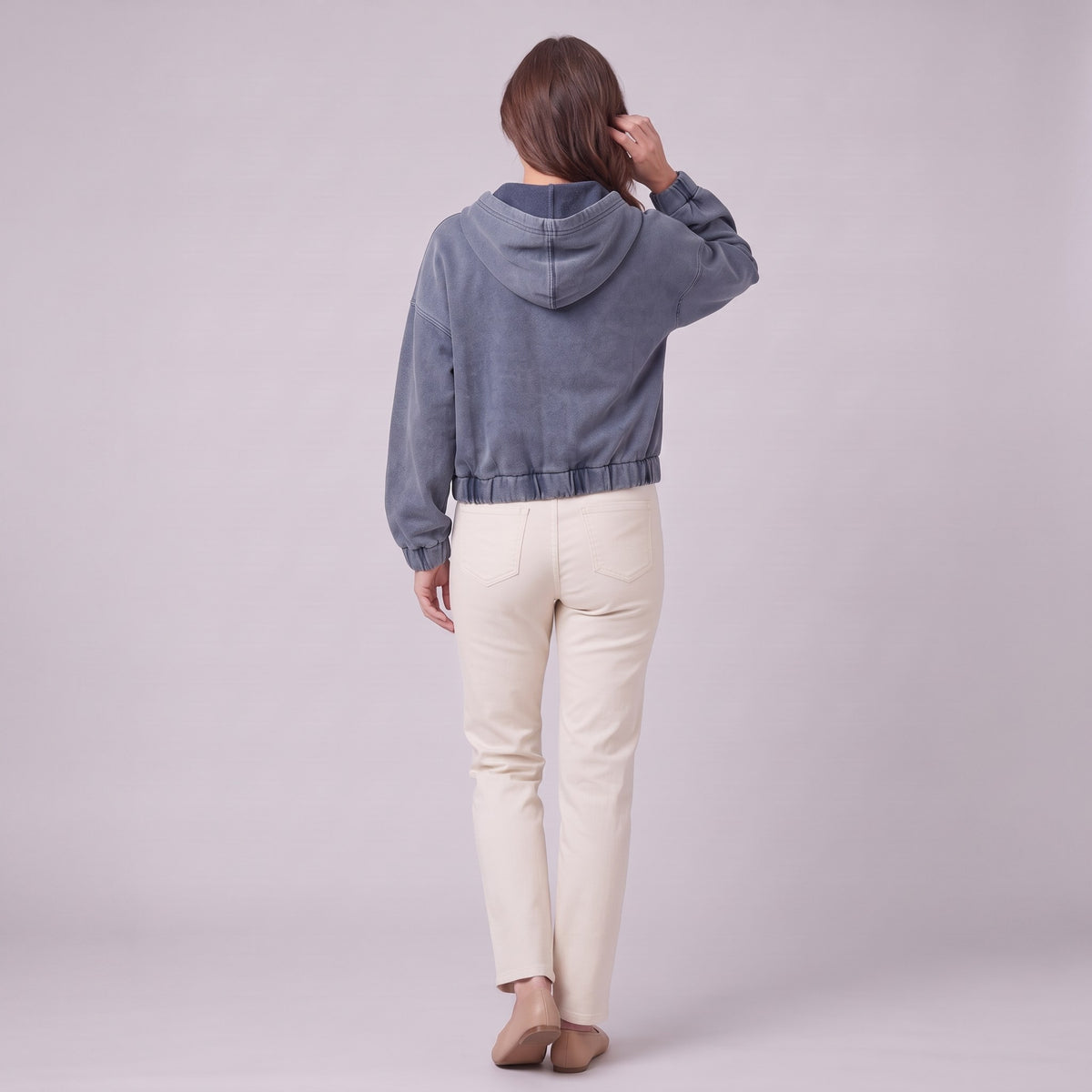 Zosia cropped denim hoodie in slate blue, back view showing hood