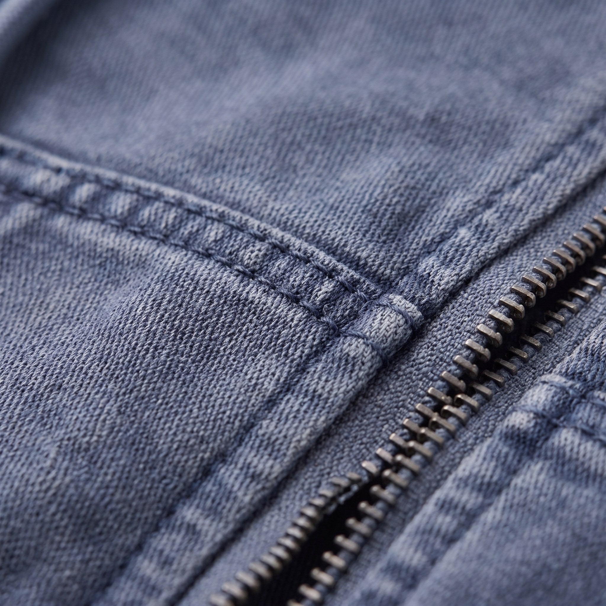 Zosia cropped denim hoodie fabric detail, washed denim twill and zip close-up