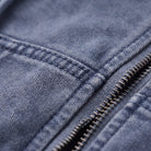 Zosia cropped denim hoodie fabric detail, washed denim twill and zip close-up