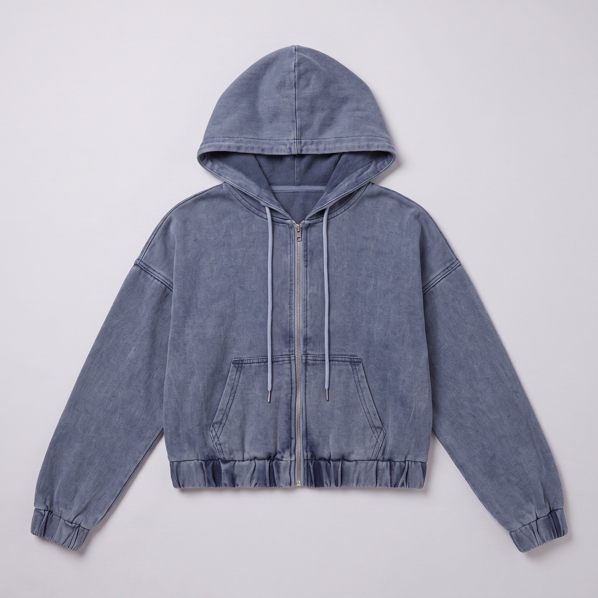Zosia cropped denim hoodie flat lay, full garment on light grey