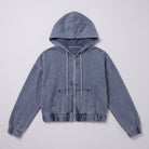 Zosia cropped denim hoodie flat lay, full garment on light grey