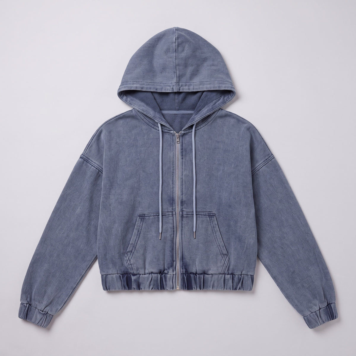 Zosia cropped denim hoodie flat lay, full garment on light grey