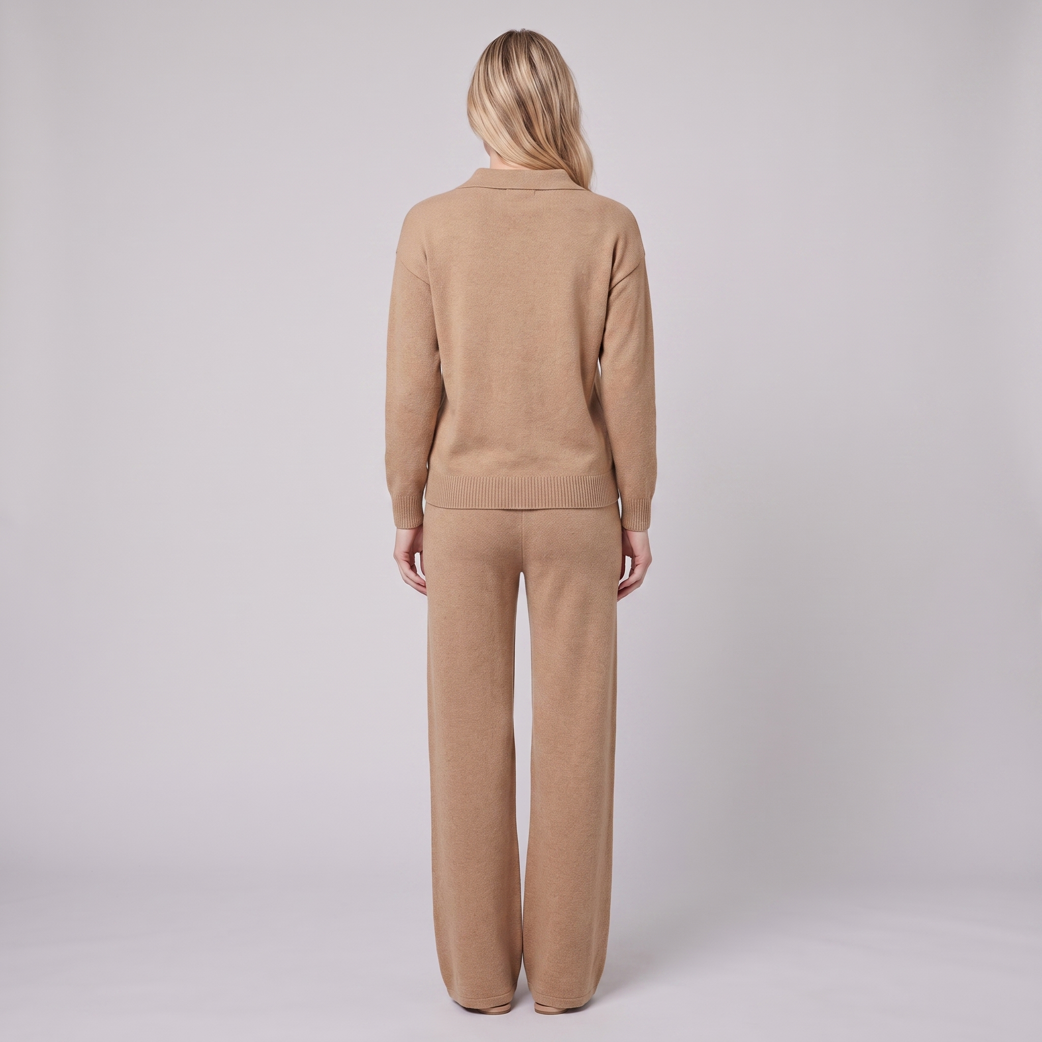 Pamina polo knit set in camel, back view on model