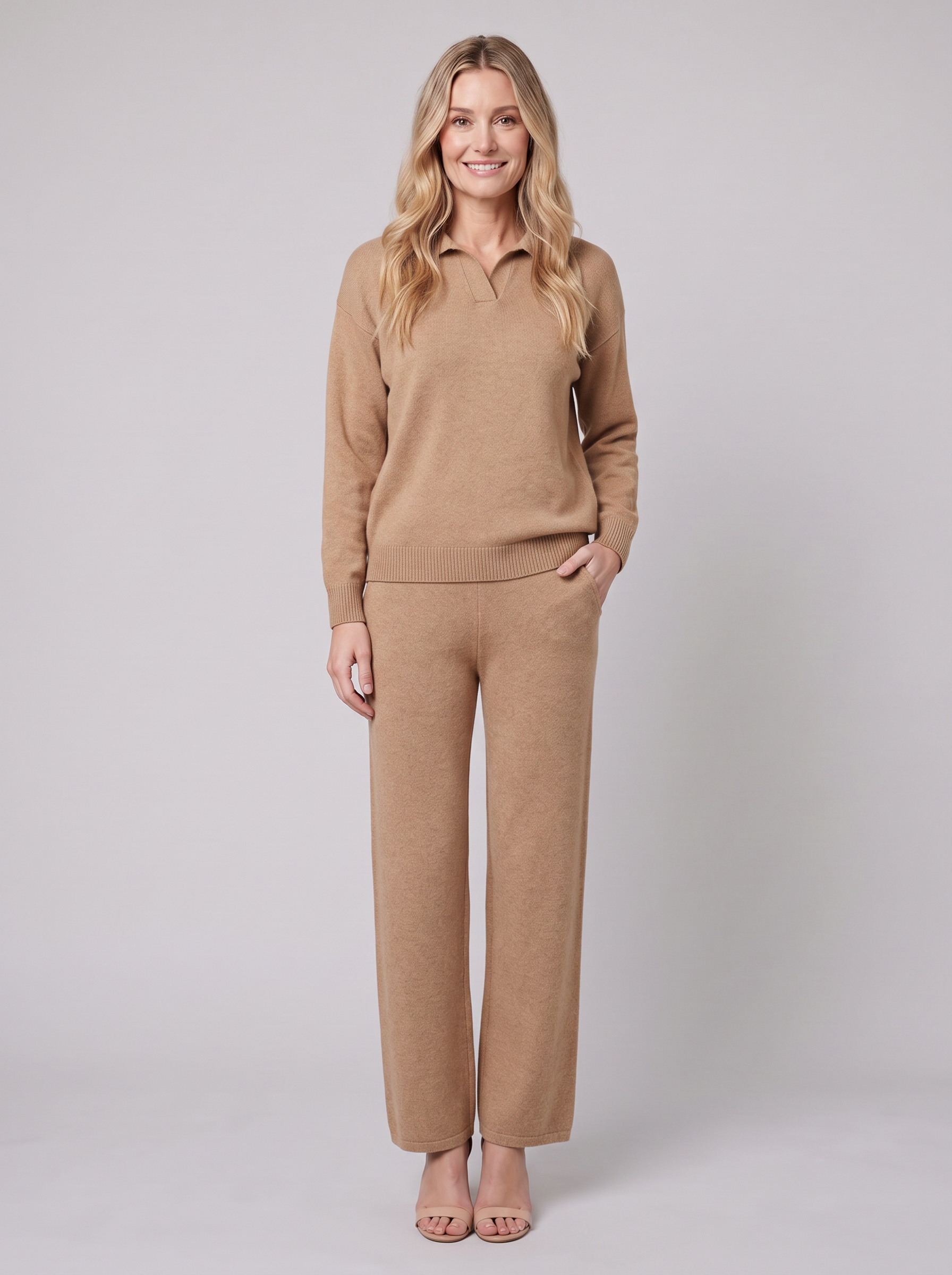Pamina polo knit sweater and wide-leg trouser set in camel on model