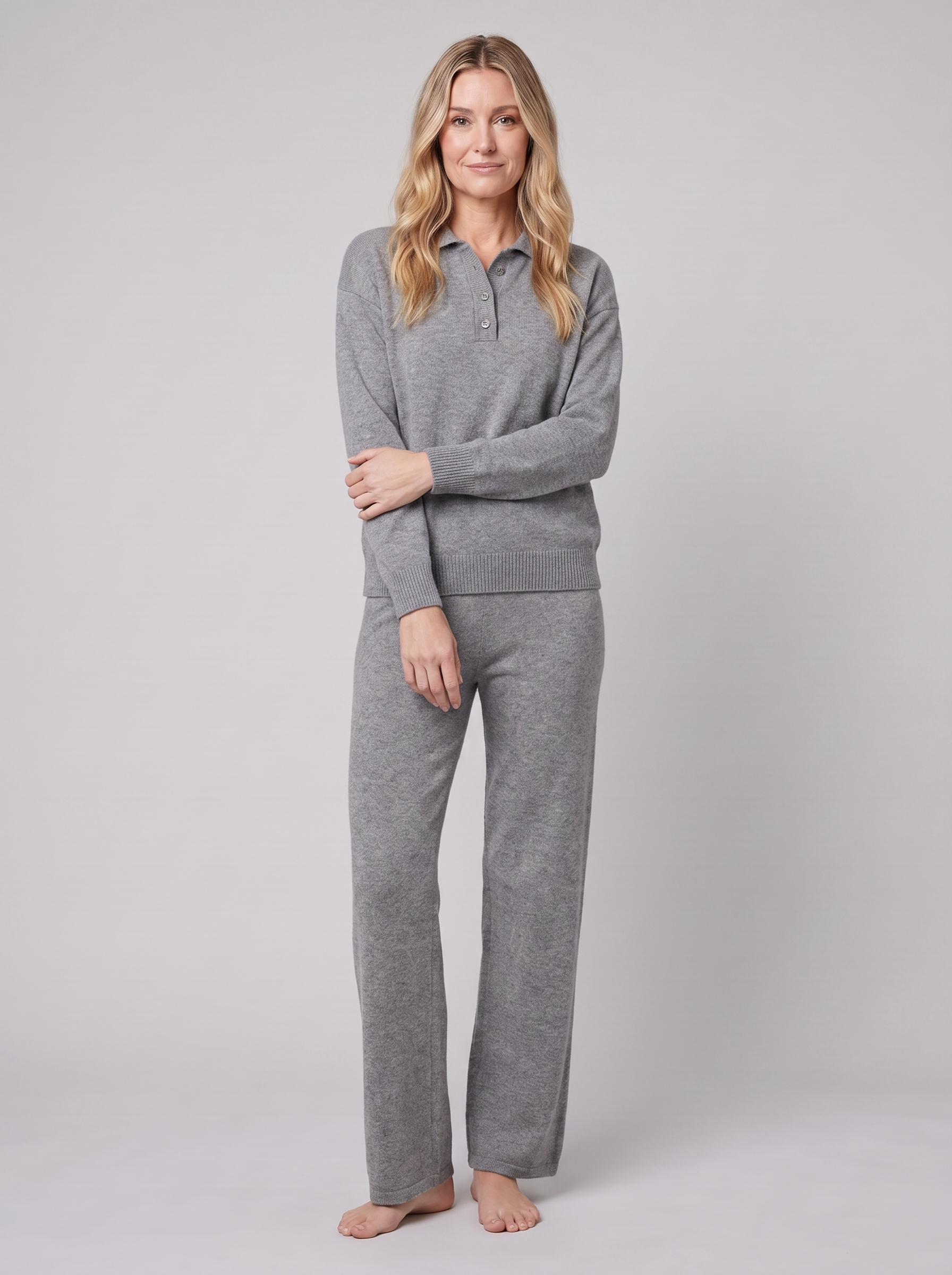 Pamina polo knit sweater and wide-leg trouser set in grey on model