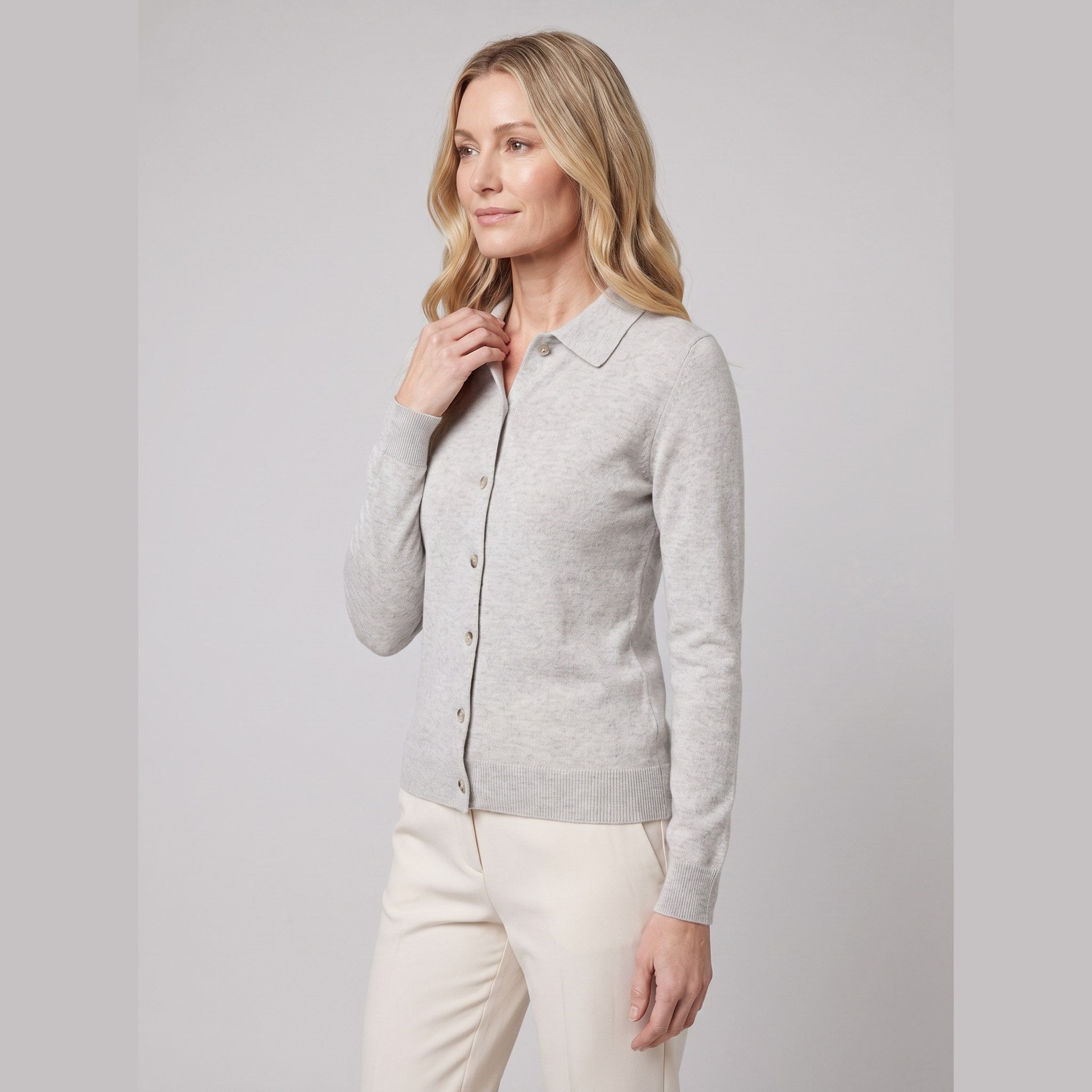 Romy wool-blend button cardigan in grey on model