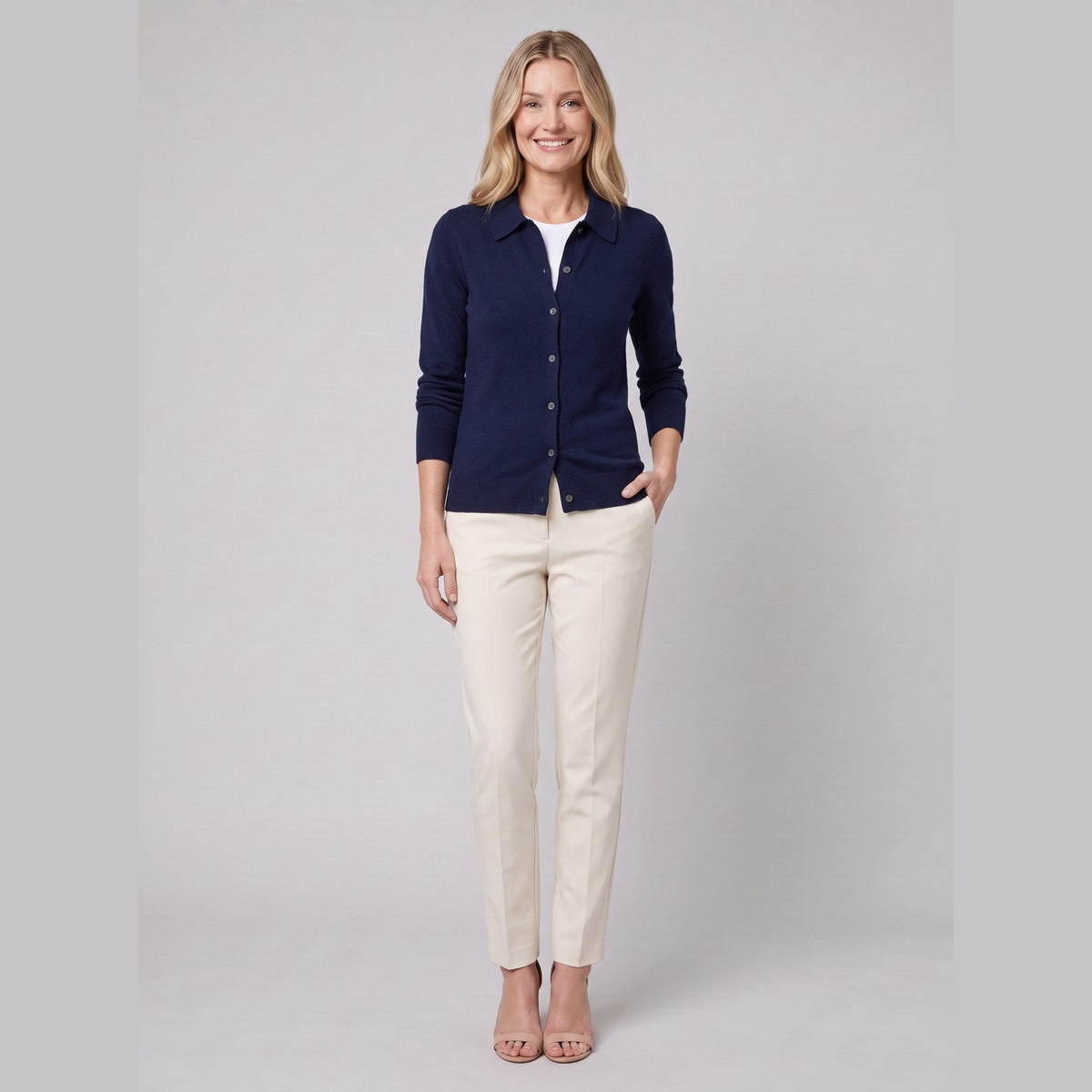 Romy wool-blend button cardigan in navy on model