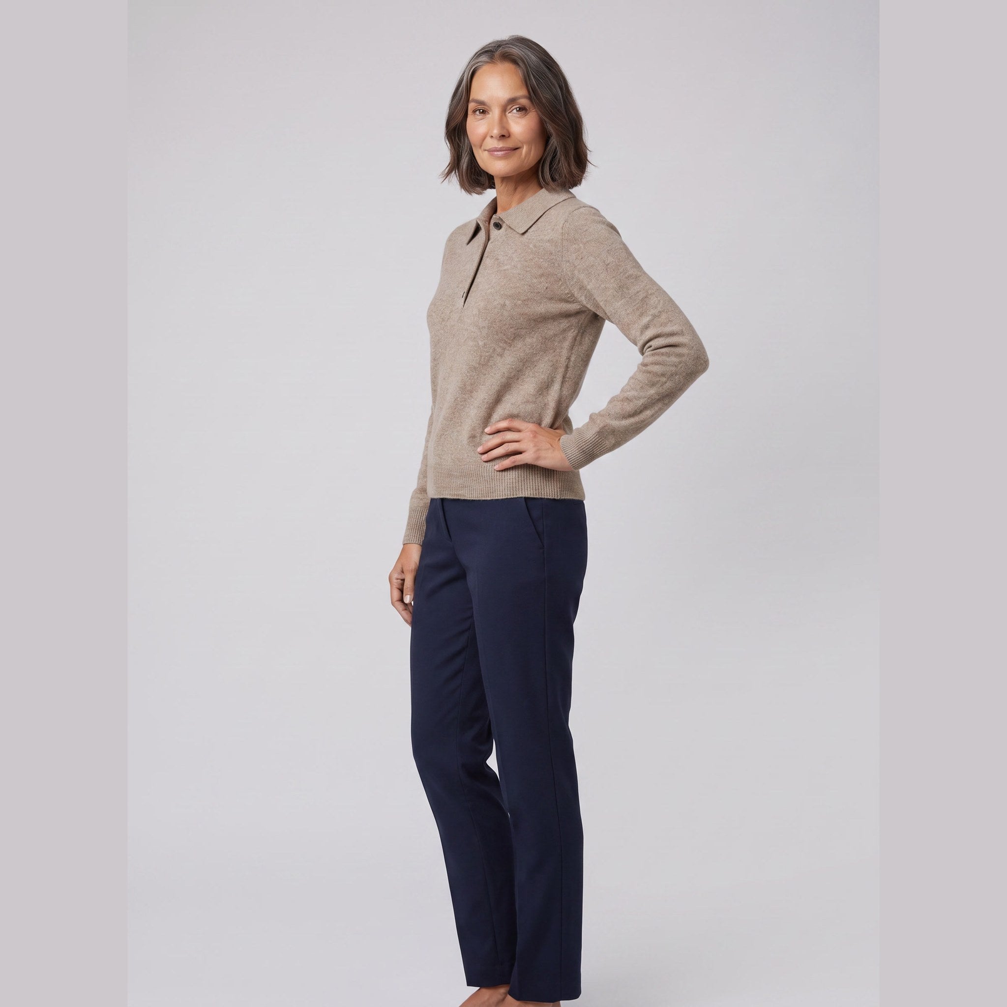 Rosalie knitted polo top in beige on model