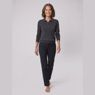 Rosalie knitted polo top in dark grey on model