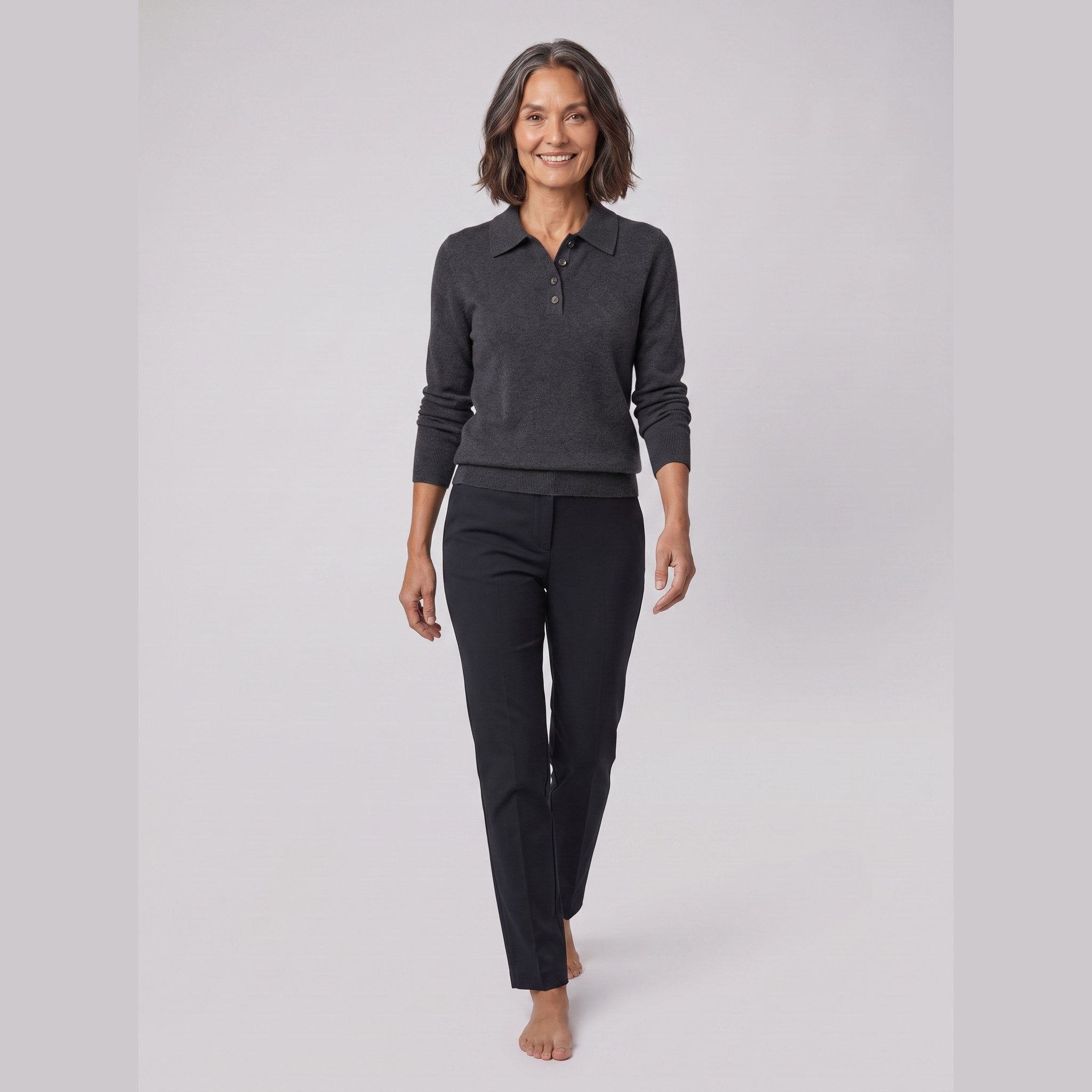 Rosalie knitted polo top in dark grey on model