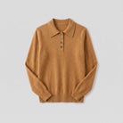 Rosalie knitted polo top in camel, flat lay product shot