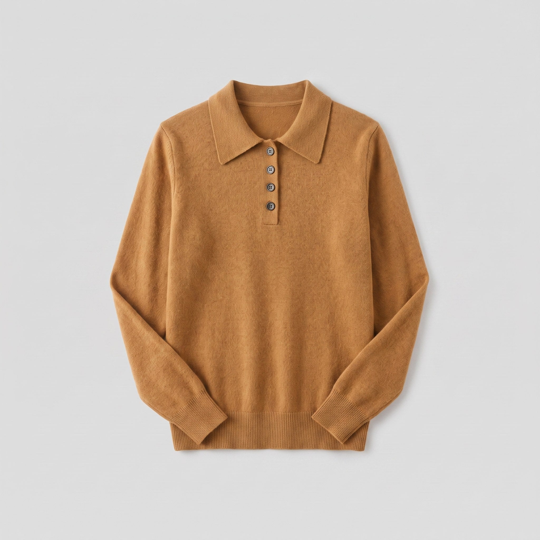 Rosalie knitted polo top in camel, flat lay product shot