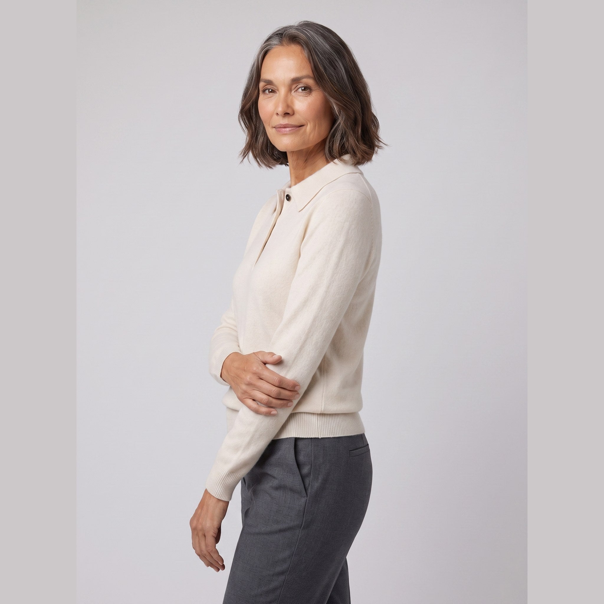 Rosalie knitted polo top in ivory on model