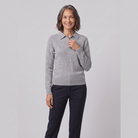 Rosalie knitted polo top in light grey on model