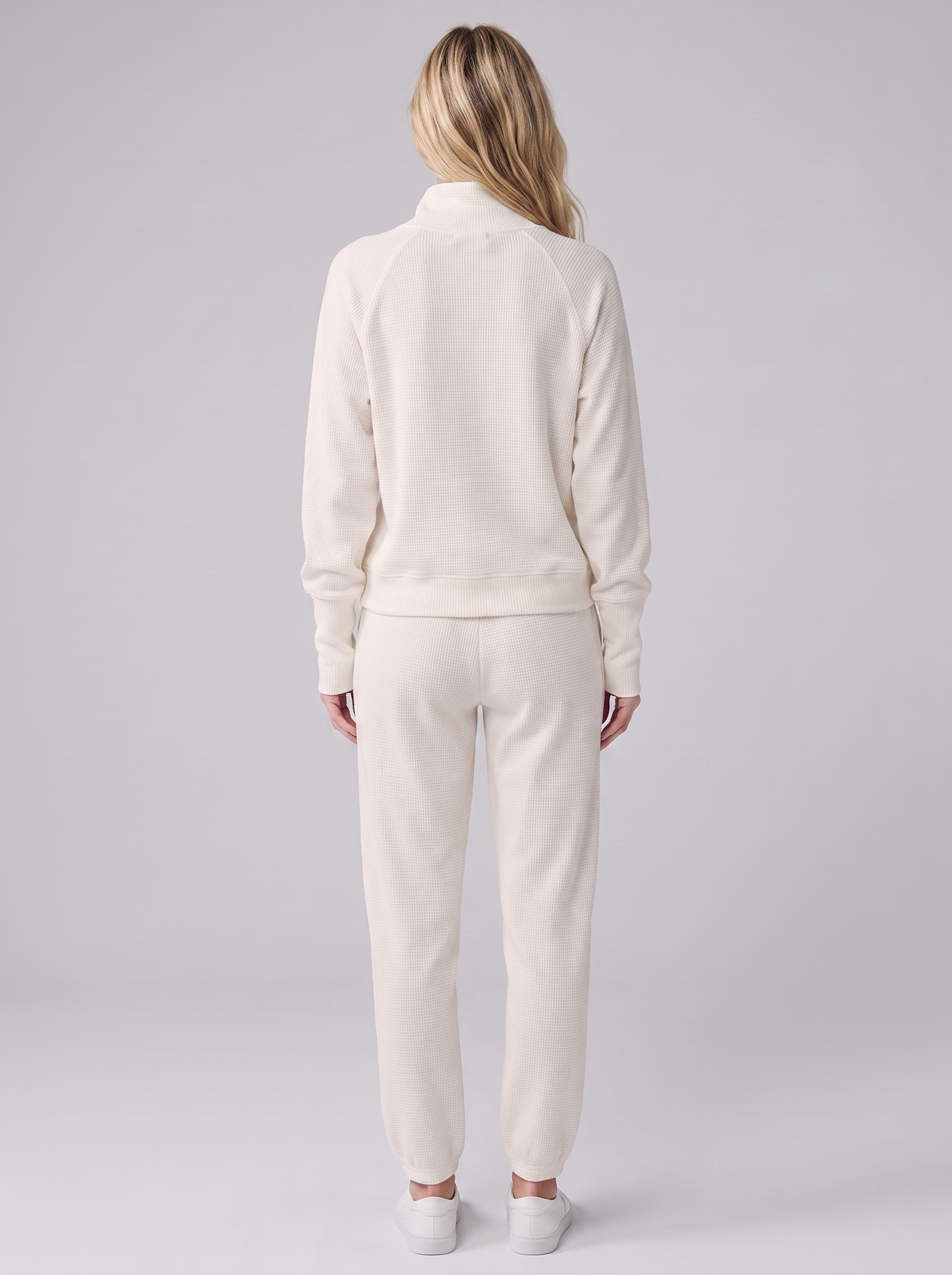 Sana waffle-knit loungewear set in cream, back view on model