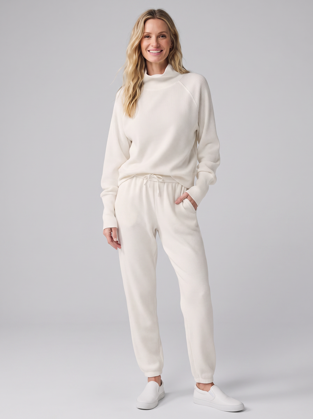 Sana waffle-knit loungewear set in cream on model
