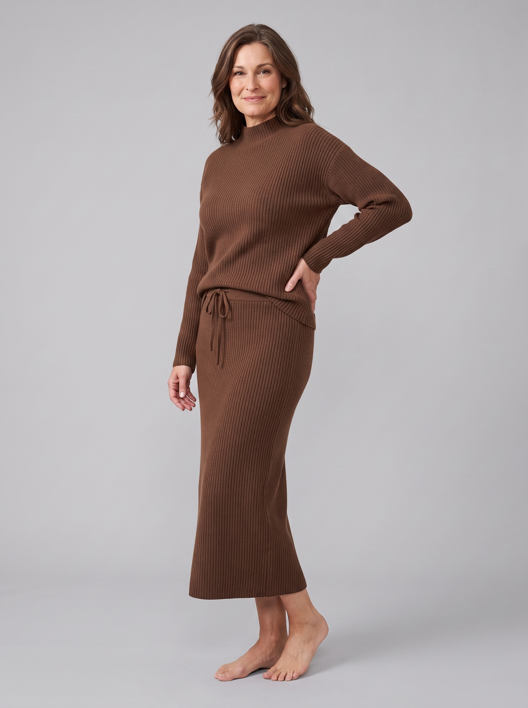 Soraya knit sweater and skirt set in brown on model