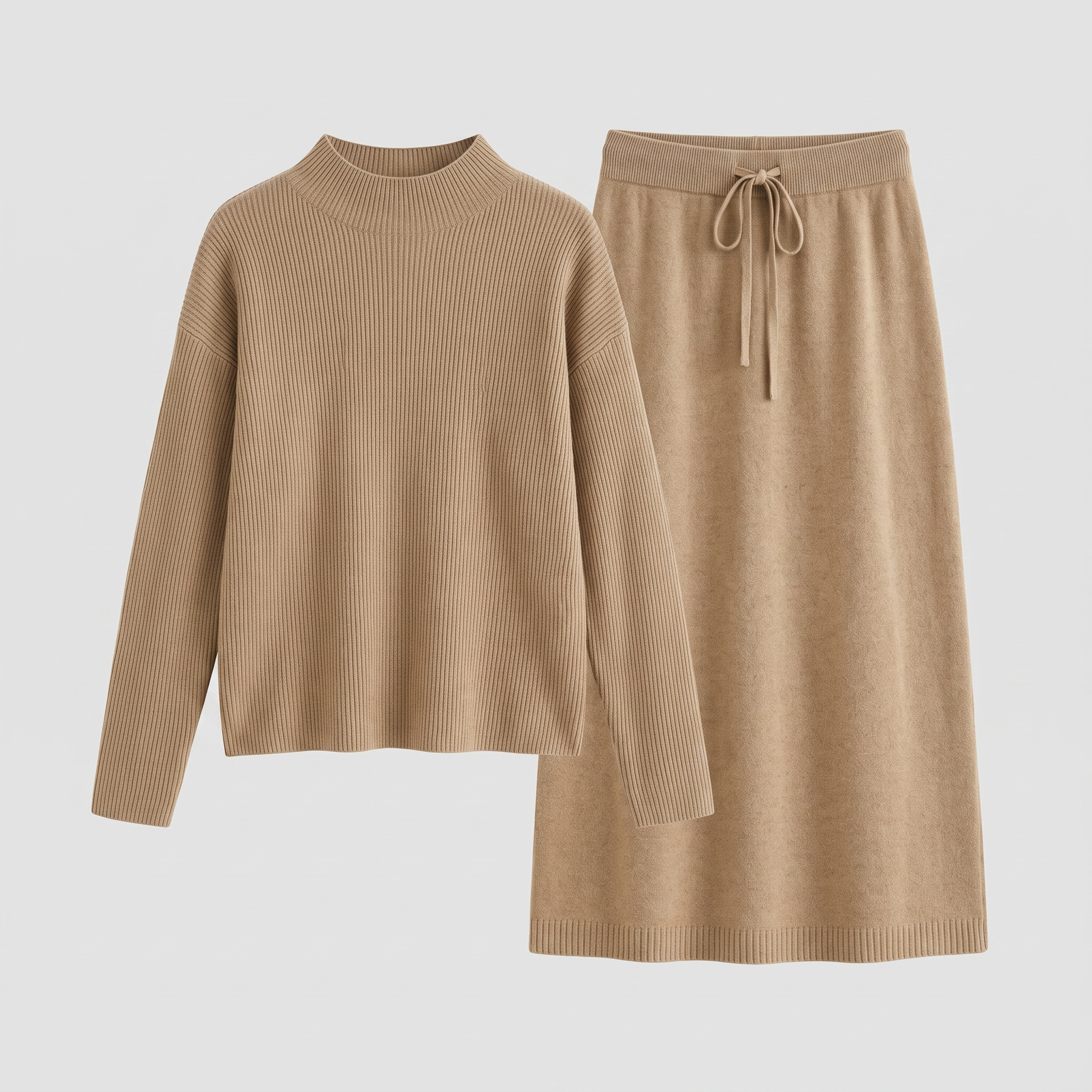 Soraya knit sweater and skirt set in taupe, flat lay product shot