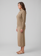 Soraya knit sweater and skirt set in taupe, front view on model