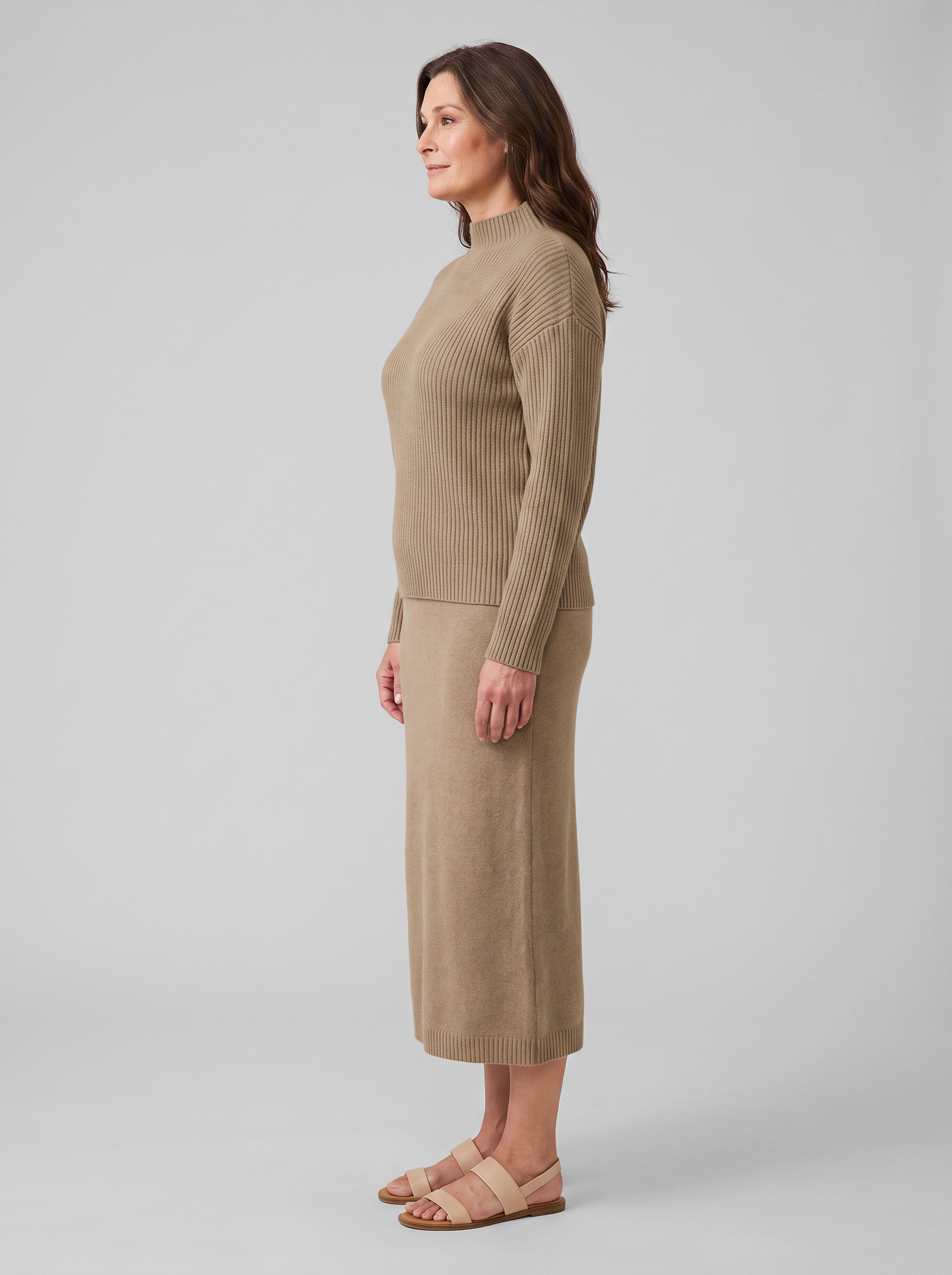 Soraya knit sweater and skirt set in taupe, front view on model