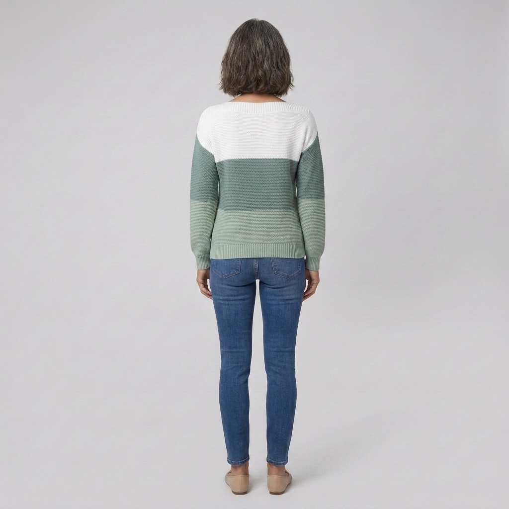 Thera colour-blocked boat neck sweater in sage, back view on model