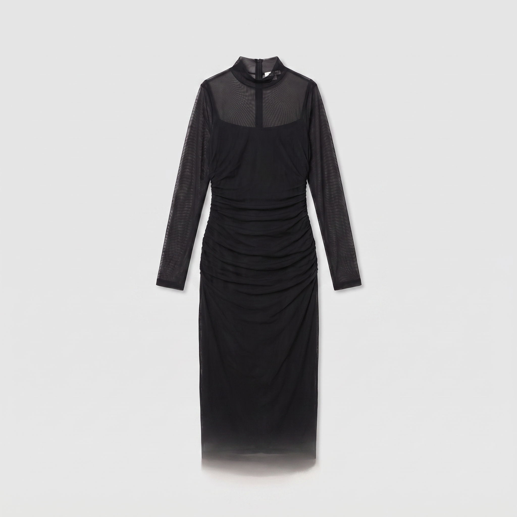 Vela sheer mesh bodycon midi dress in black, flat lay product shot