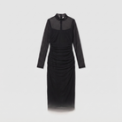 Vela sheer mesh bodycon midi dress in black, flat lay product shot