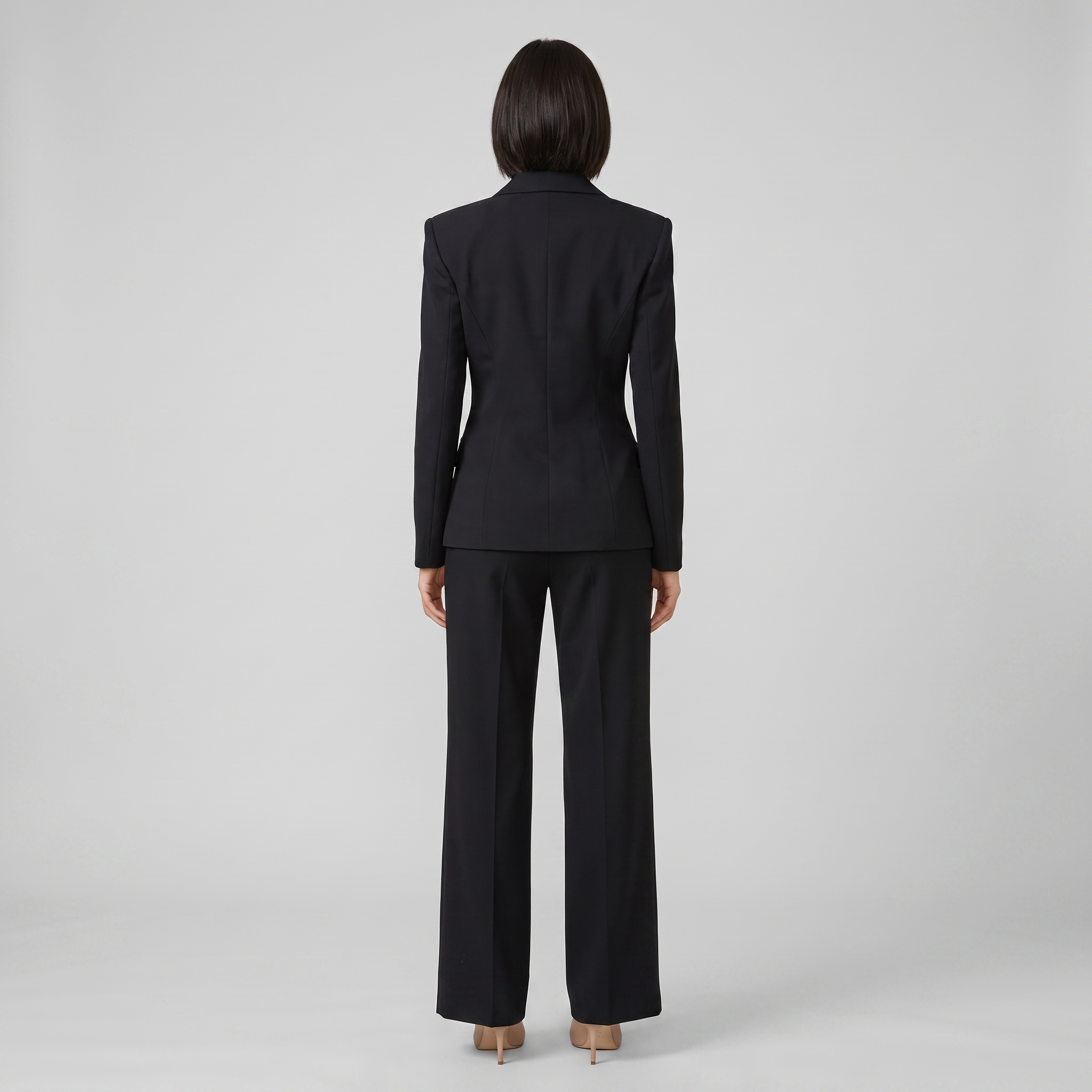Wanda tailored suit in black, back view on model
