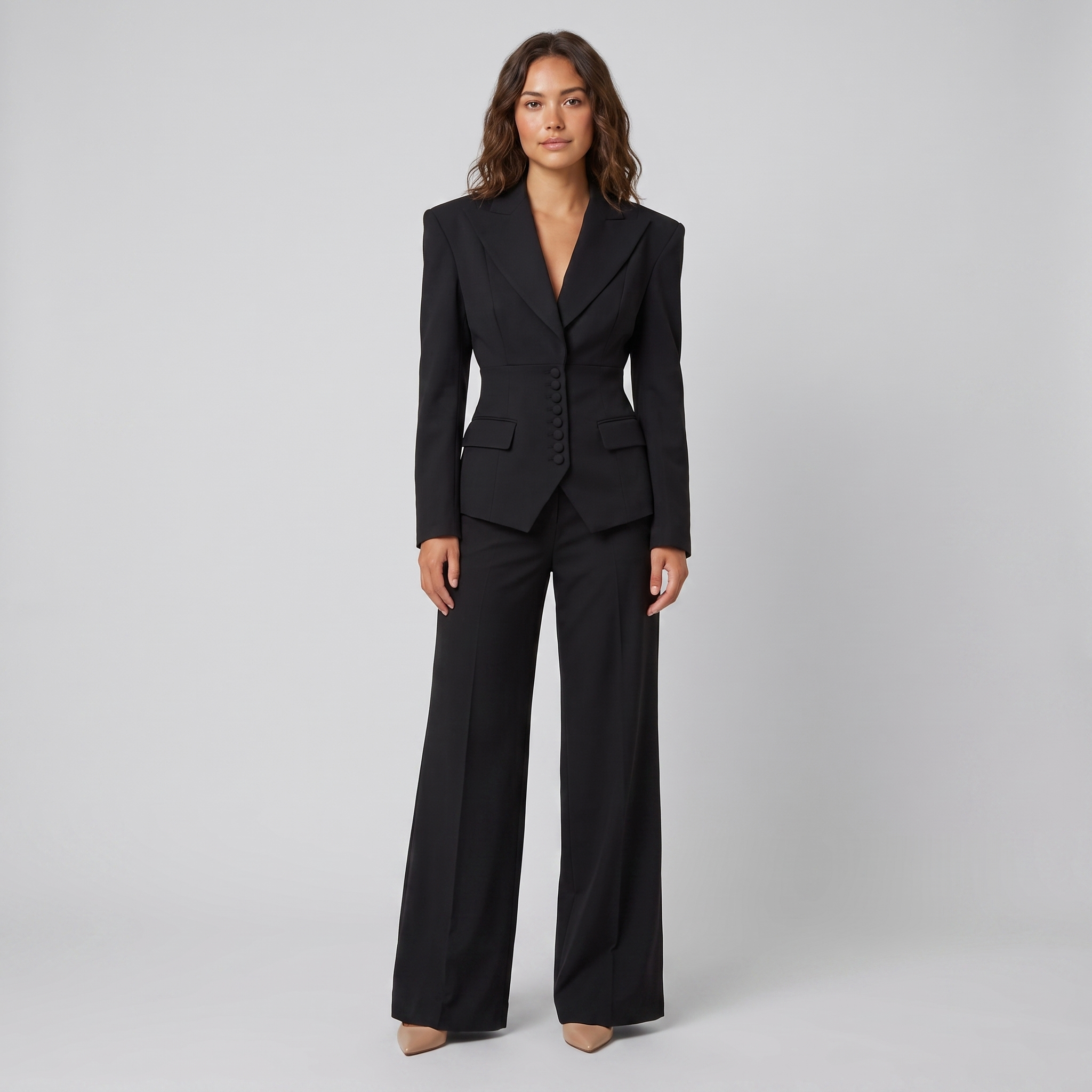 Wanda tailored peak lapel suit in black on model