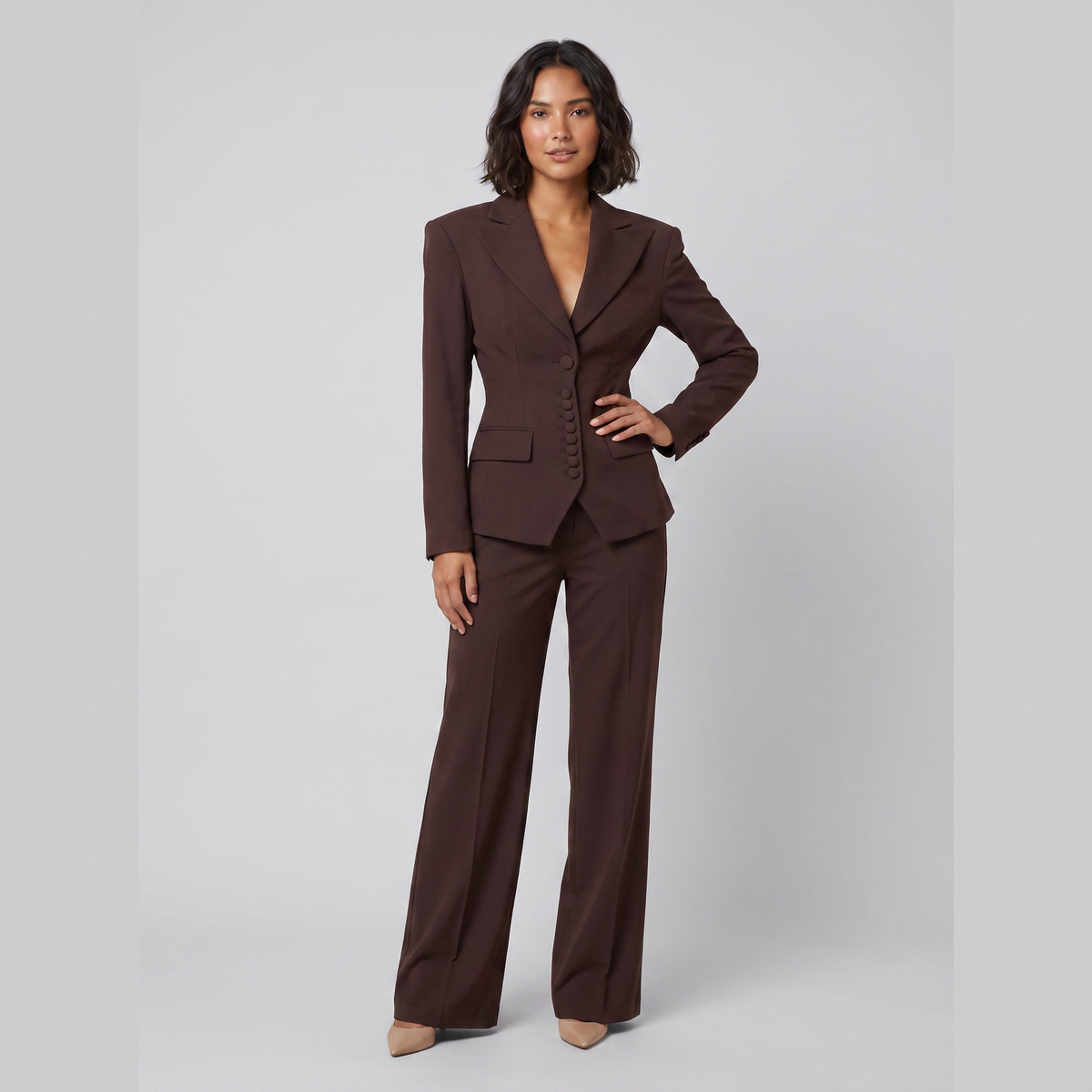 Wanda tailored peak lapel suit in brown on model