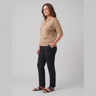 Willa knitted polo sweater in camel, side view on model