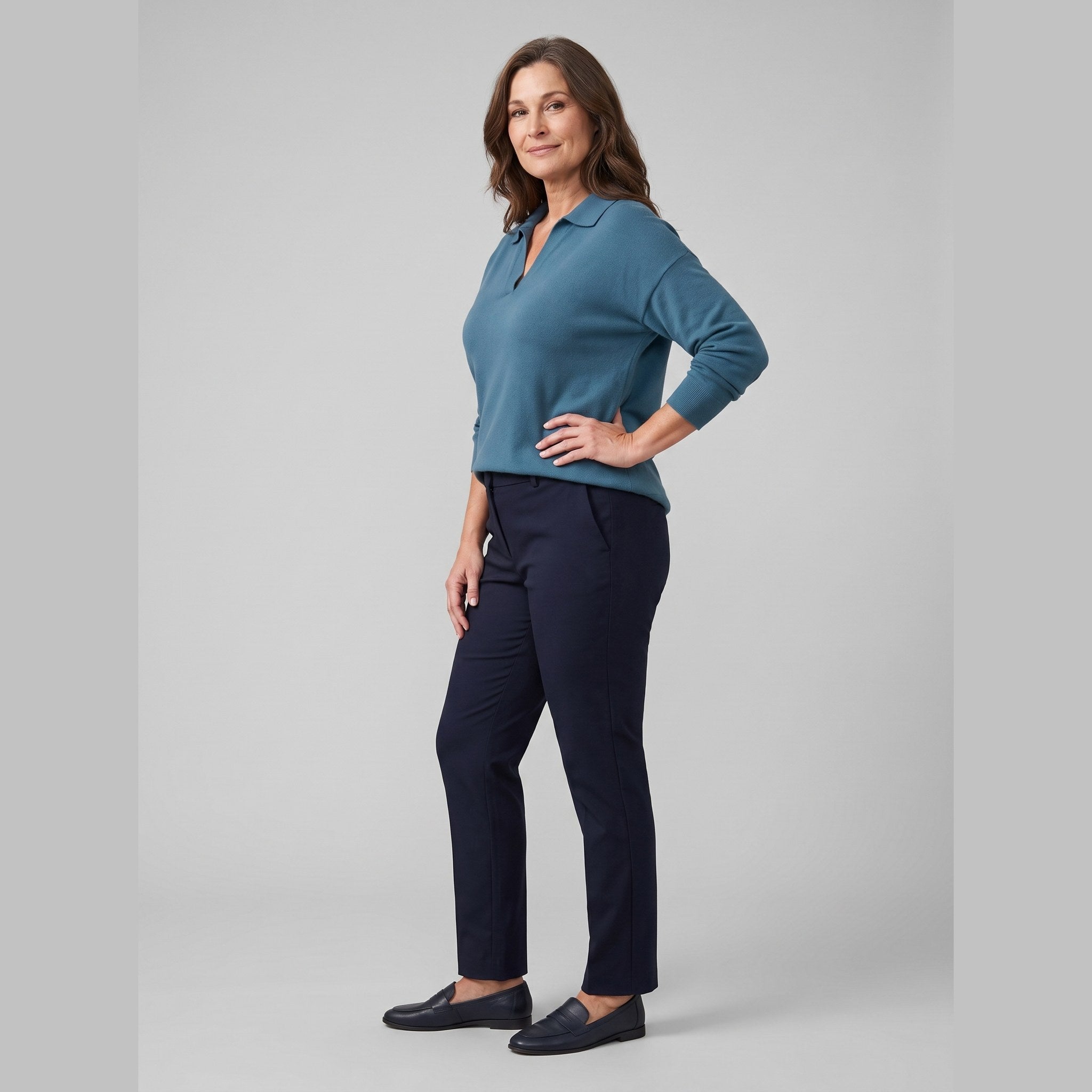 Willa knitted polo sweater in teal on model