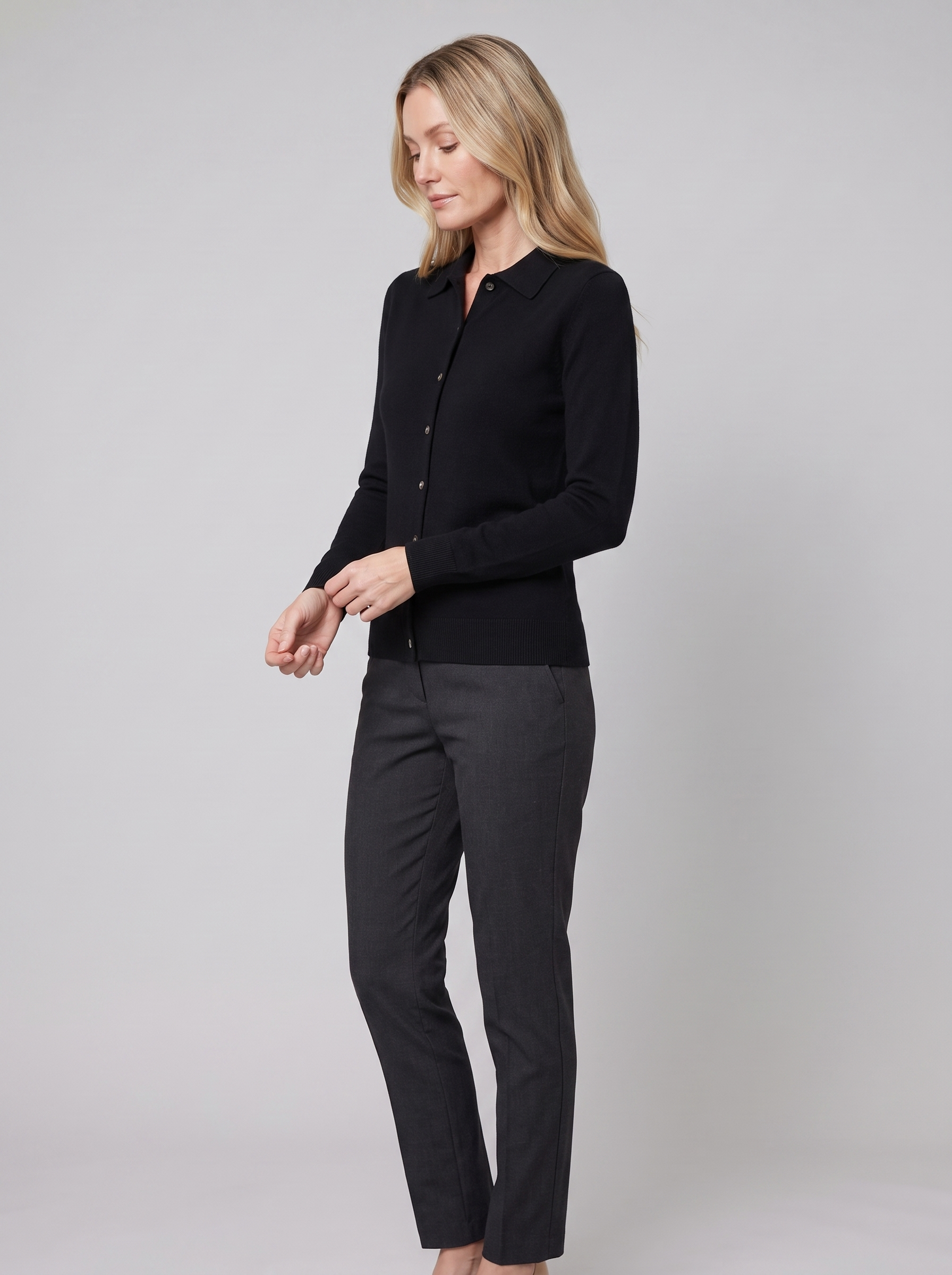 Winona wool-blend polo cardigan in black on model