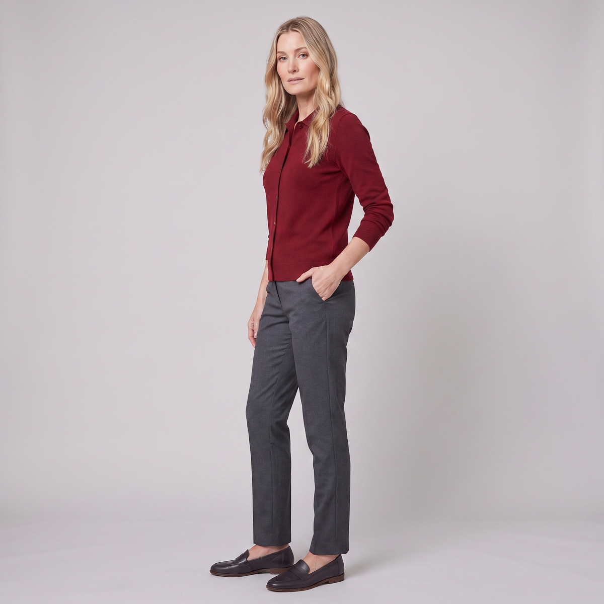 Winona polo cardigan in burgundy, side view on model