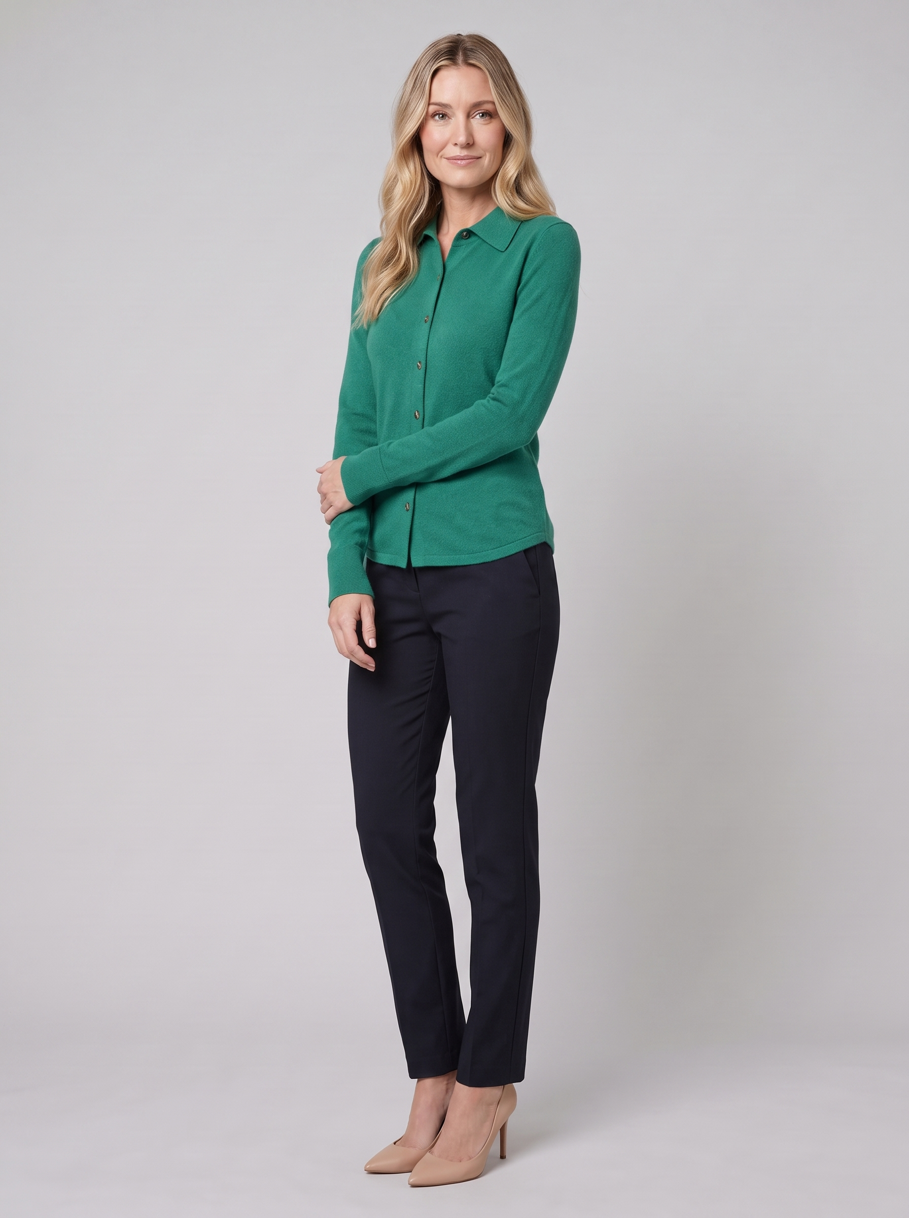 Winona wool-blend polo cardigan in green on model