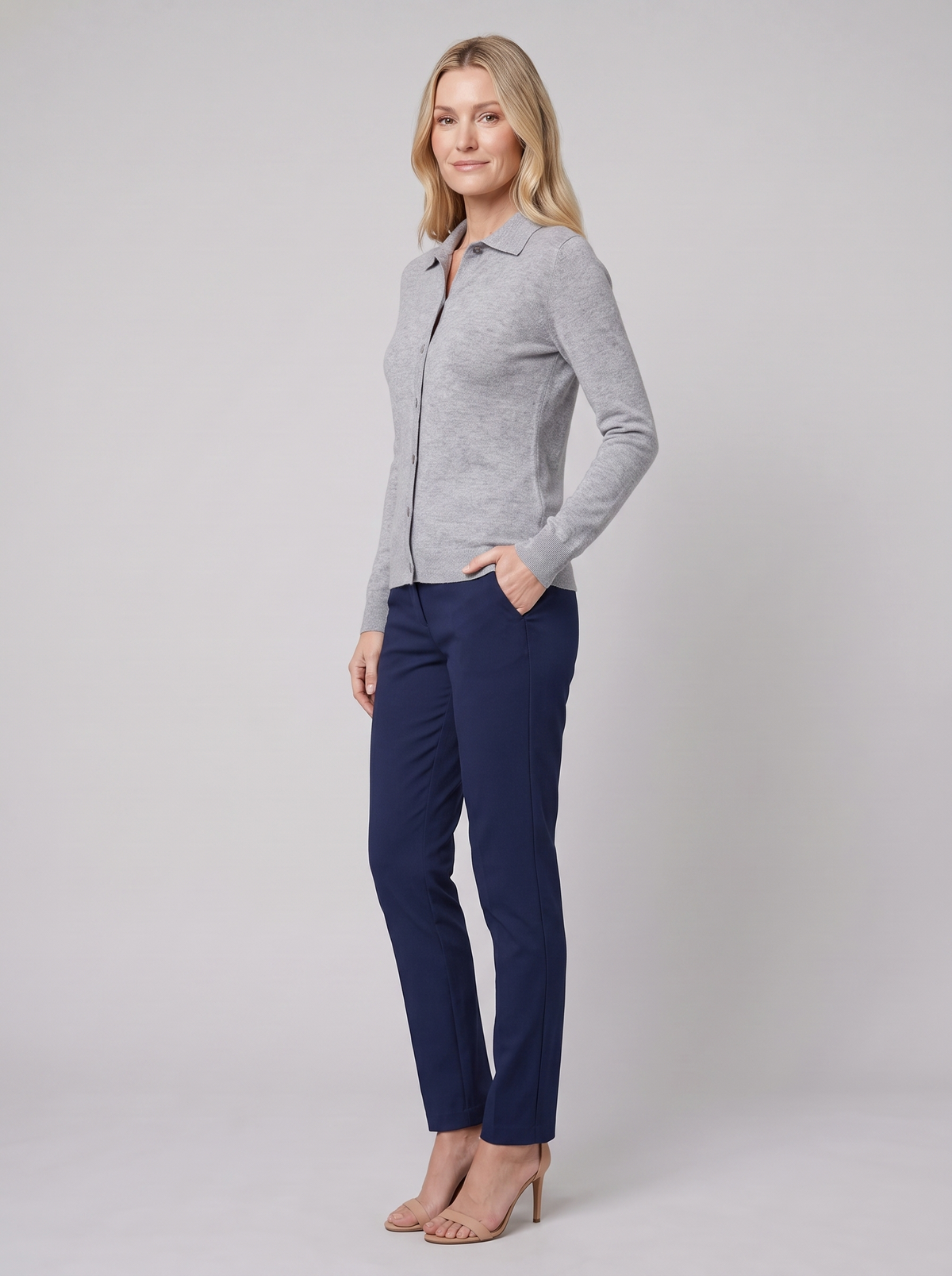 Winona wool-blend polo cardigan in grey on model