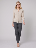 Winona wool-blend polo cardigan in oatmeal on model