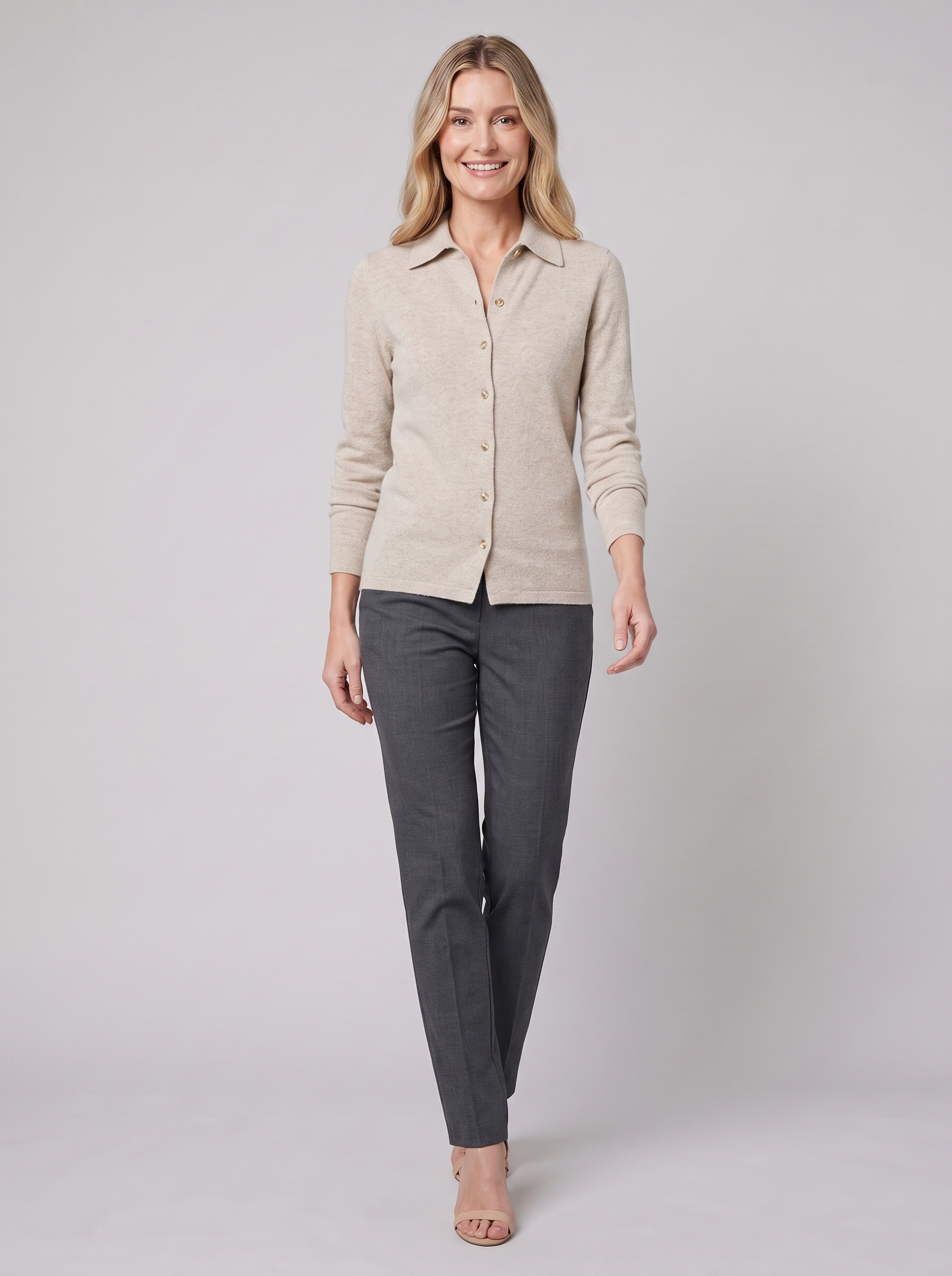 Winona wool-blend polo cardigan in oatmeal on model
