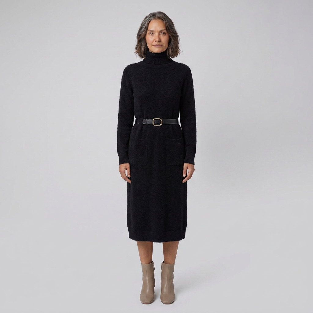 Wynter wool-blend half-turtleneck knit midi dress in black on model