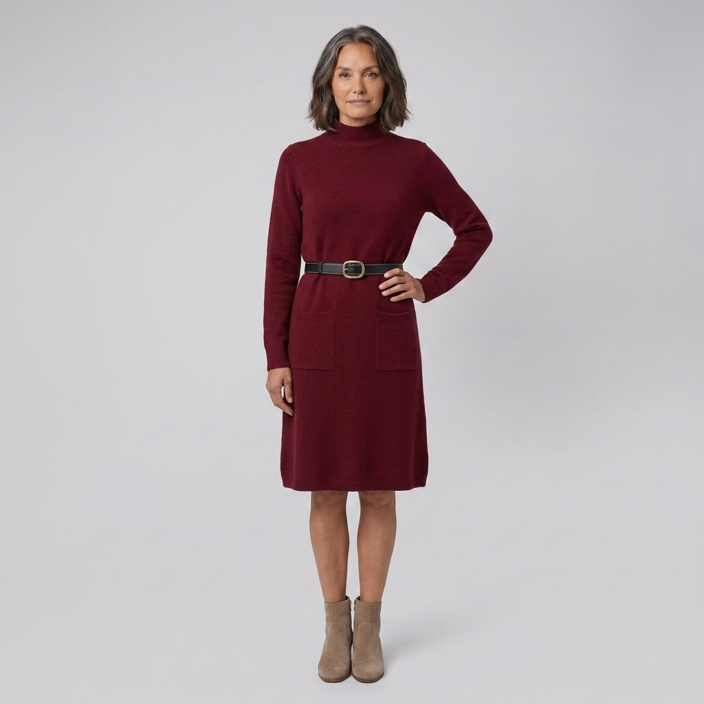 Wynter wool-blend half-turtleneck knit midi dress in burgundy on model