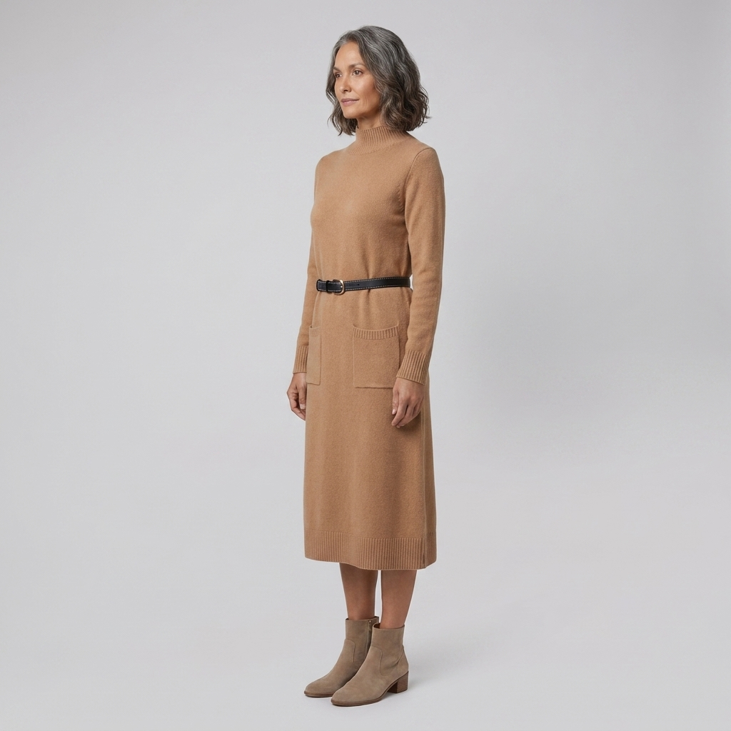 Wynter wool-blend knit midi dress in camel, side view on model