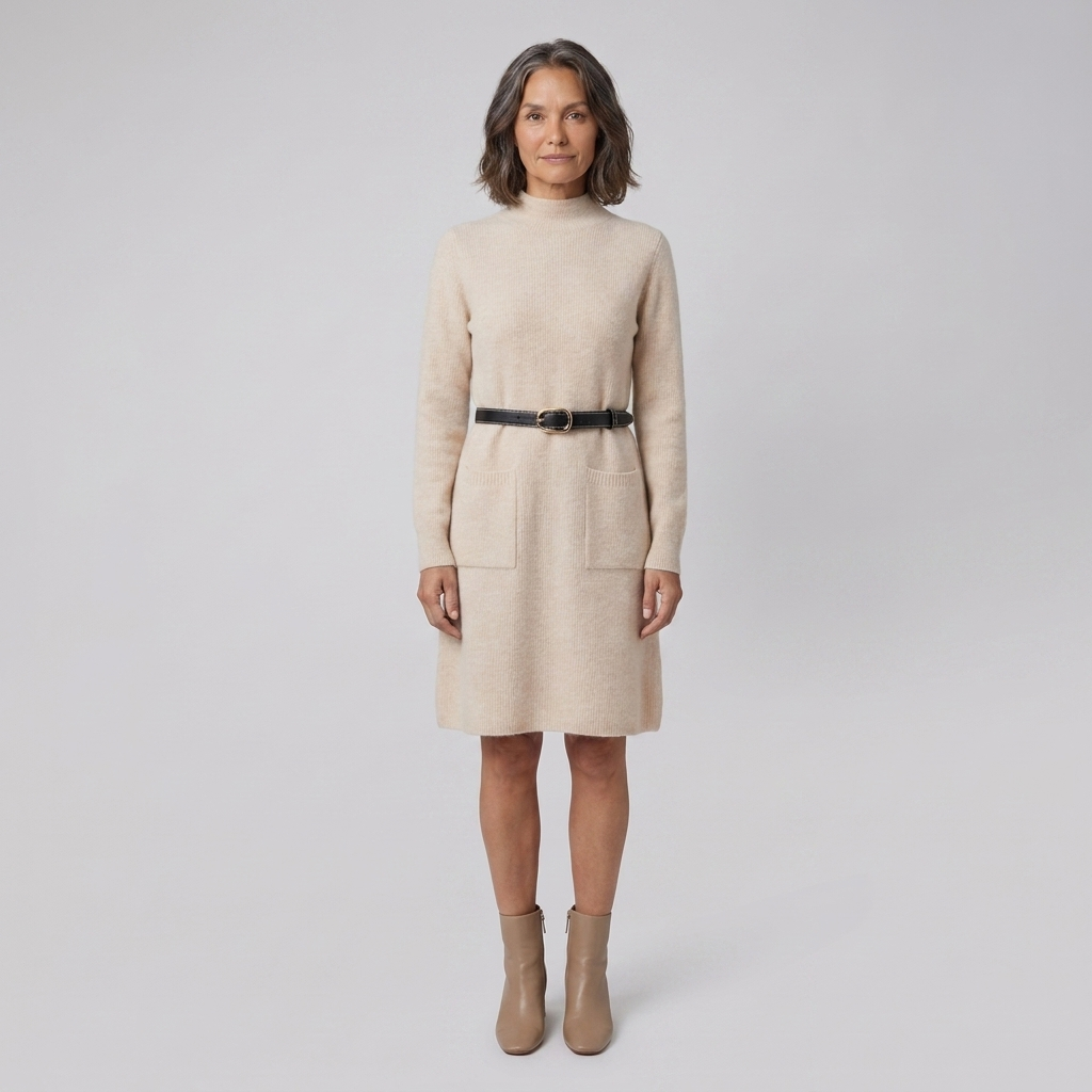 Wynter wool-blend half-turtleneck knit midi dress in cream on model